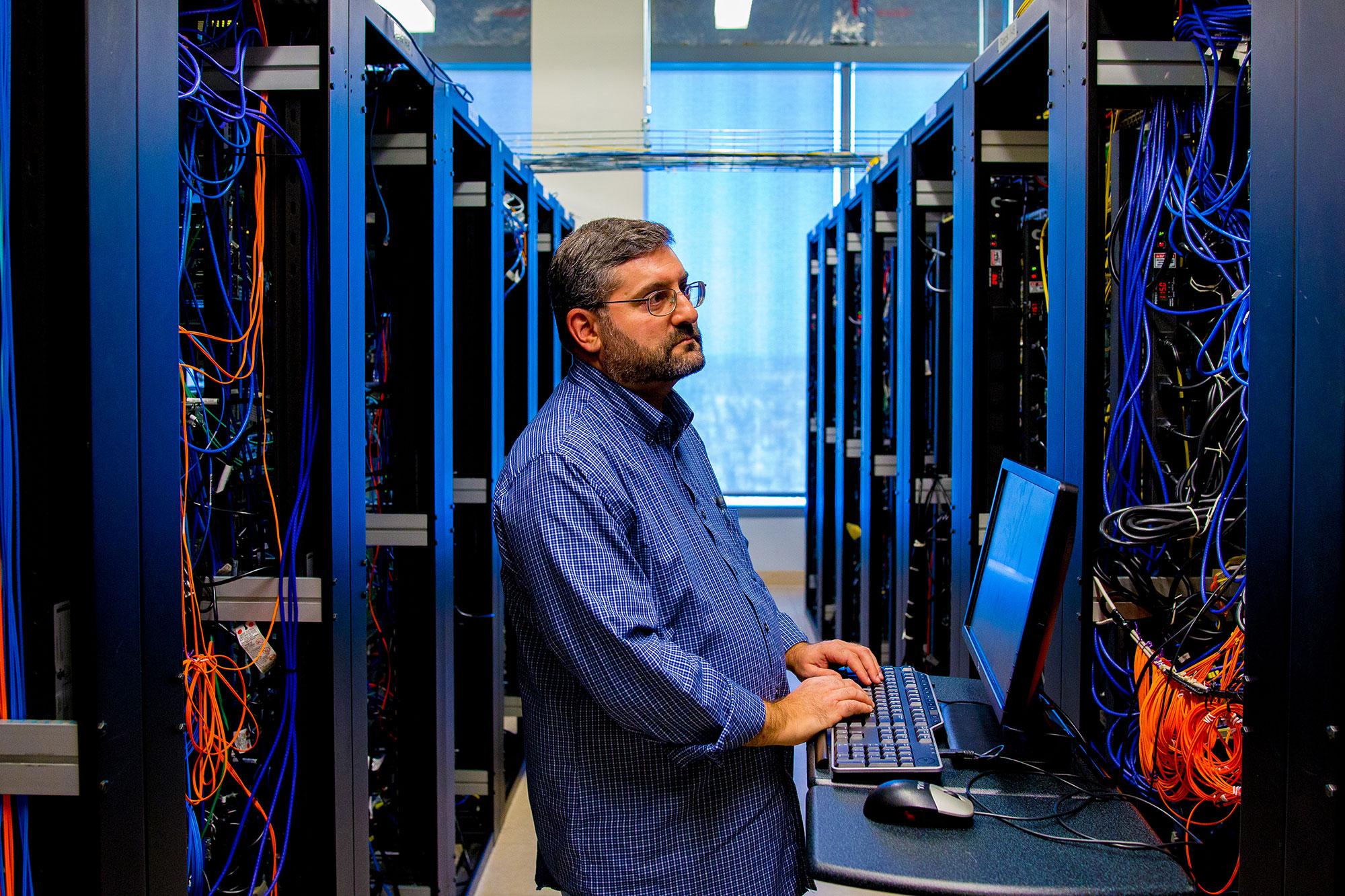 Man working in server room