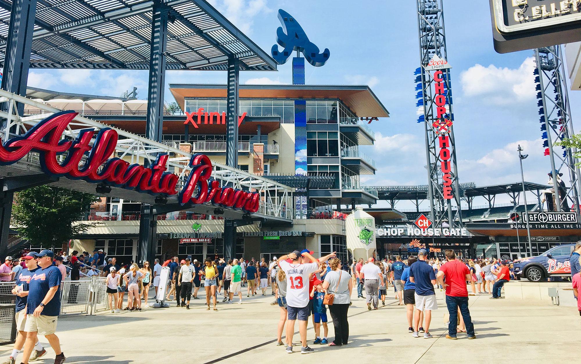 Football stadium and restaurants, part of a mixed-use development